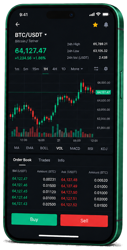 Rhône Avoirève trading platform on mobile — live BTC/USDT chart, order book, and buy/sell interface